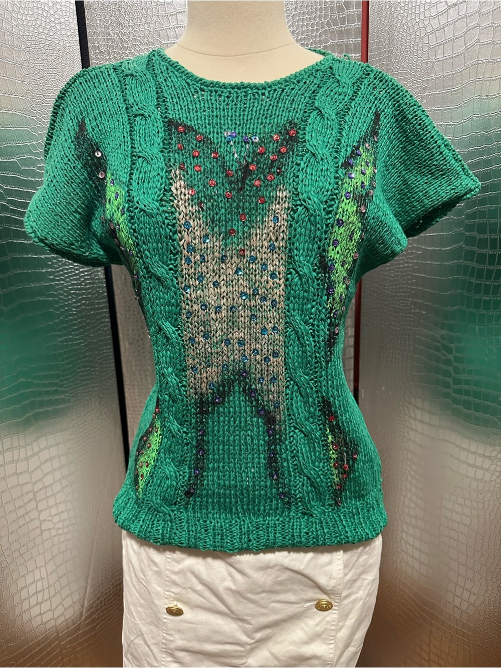 Marifior Vintage Crochet Knit Short Sleeve Sweater in Green with Sequin Accents